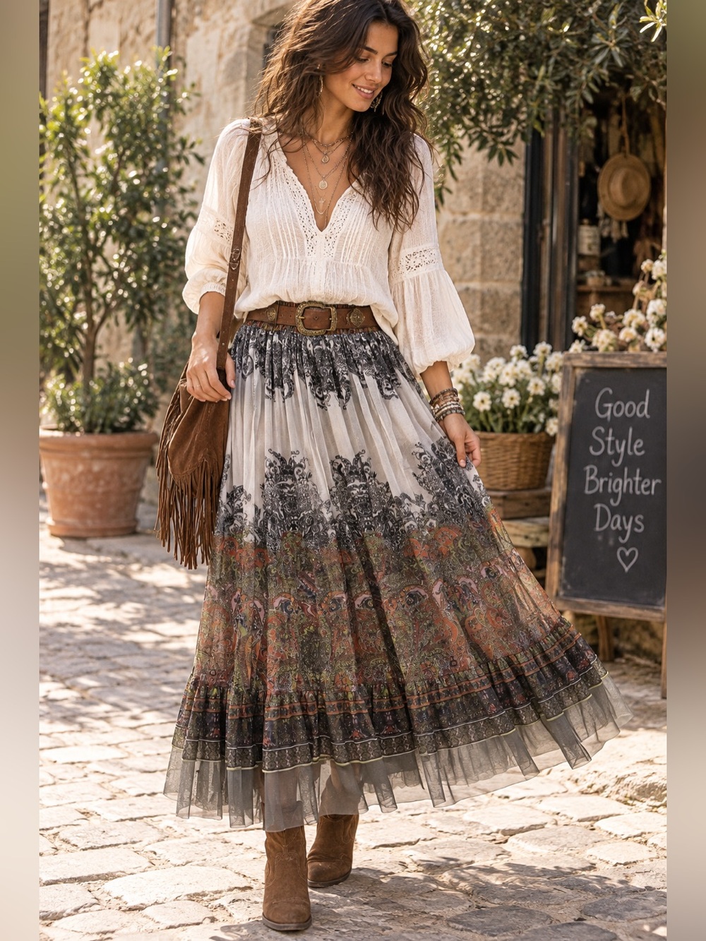 Lapis Multi-Panel Paisley Tiered Maxi Skirt in White, Black, Brown NWOT